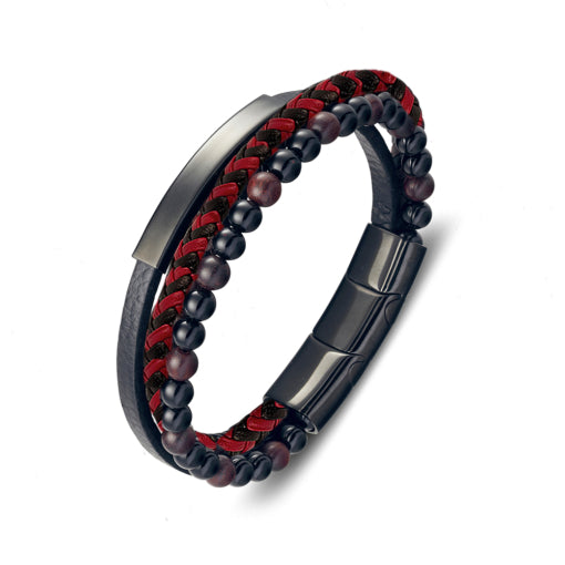 Mens Two-Tone Black and Red Leather Stainless Steel Bracelet