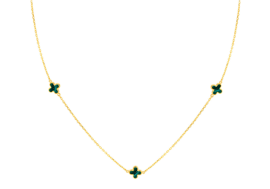 9K Yellow Gold 3 Malachite Petal Necklace 40-42.5 cm