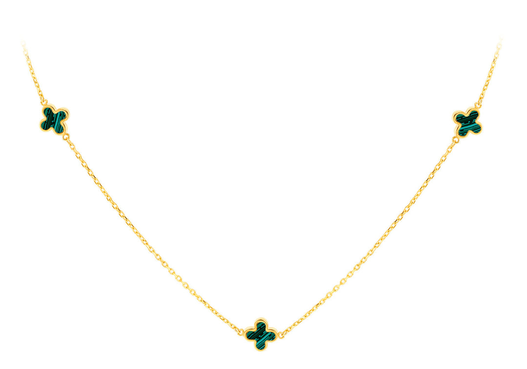 9K Yellow Gold 3 Malachite Petal Necklace 40-42.5 cm