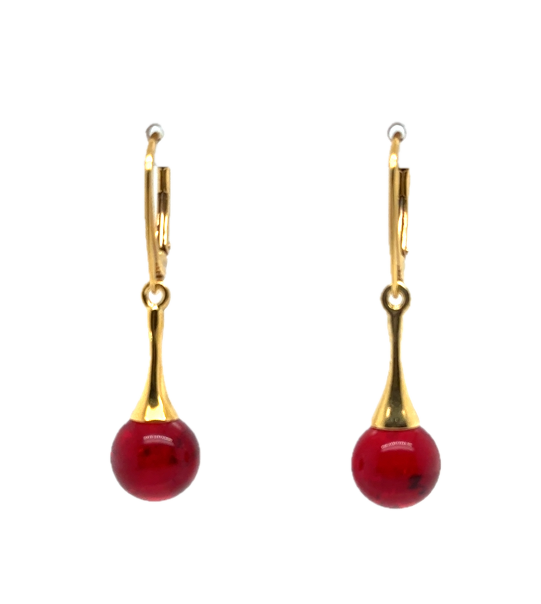 Gold Plated Red Baltic Amber Drop Ball Earrings