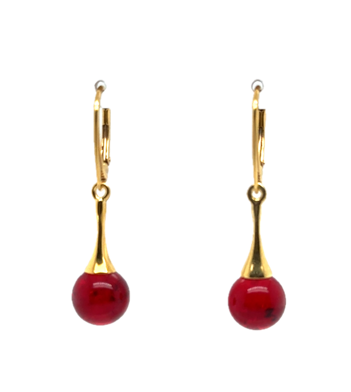 Gold Plated Red Baltic Amber Drop Ball Earrings