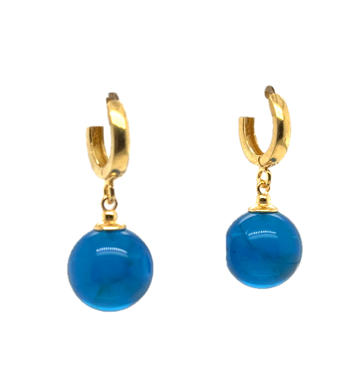 Gold Plated Blue Baltic Amber Drop Ball Earrings