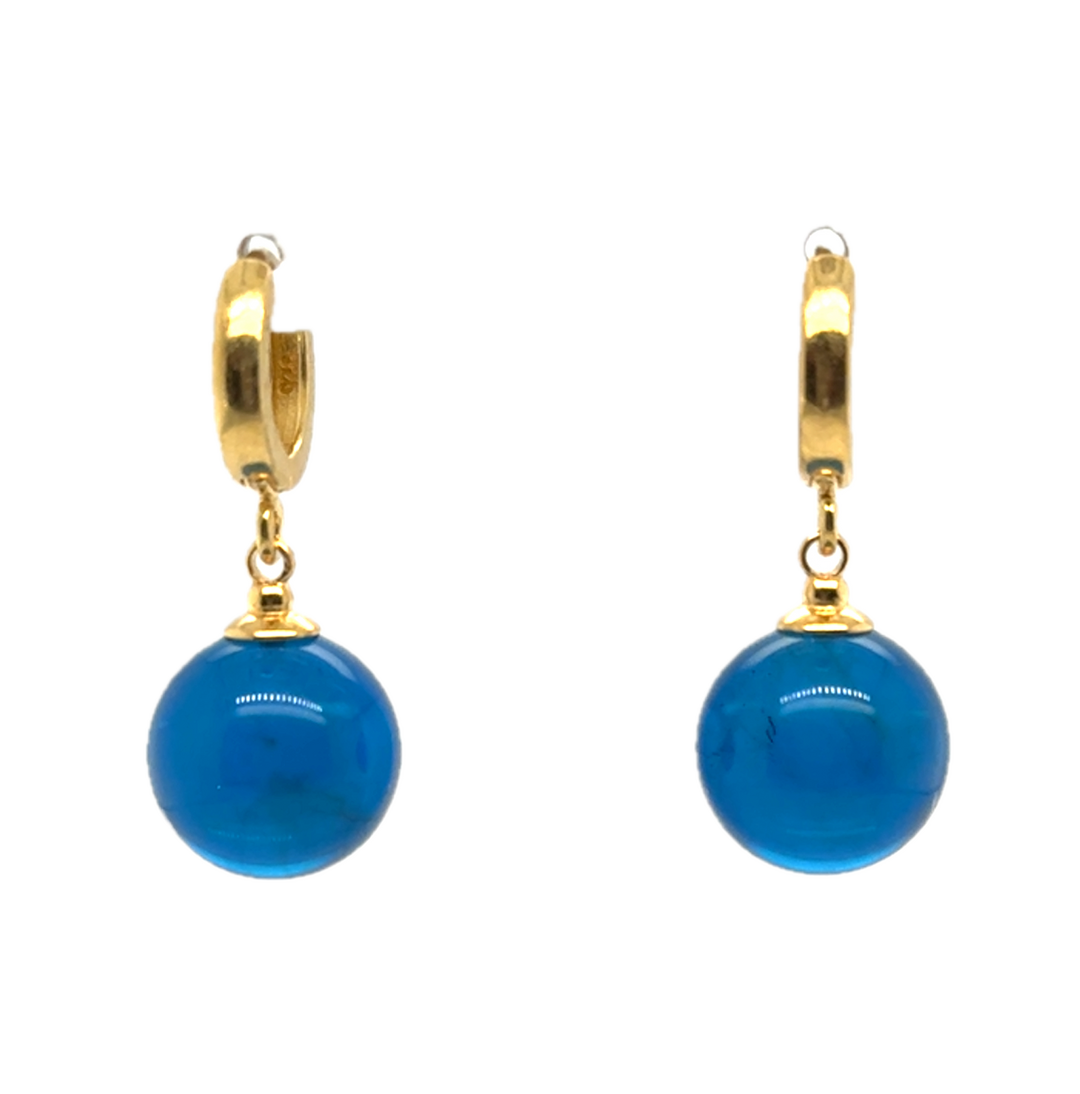 Gold Plated Blue Baltic Amber Drop Ball Earrings