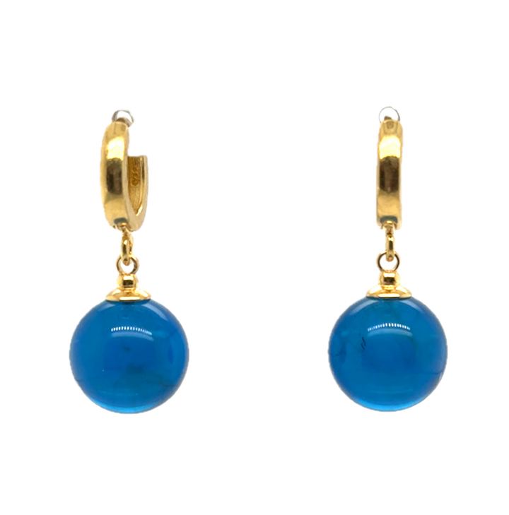 Gold Plated Blue Baltic Amber Drop Ball Earrings