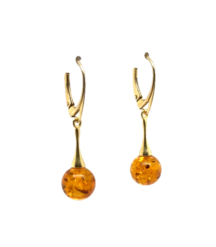 Gold Plated Baltic Amber Drop Ball Earrings