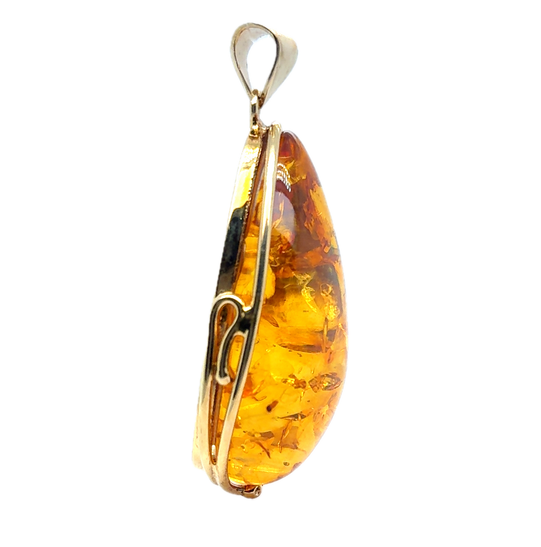 Gold Plated Baltic Amber Large Drop Pendant