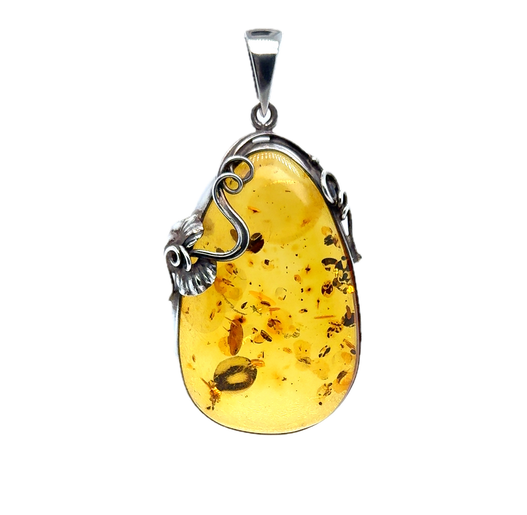 Oxidised Sterling Silver Baltic Amber Large Drop Pendant