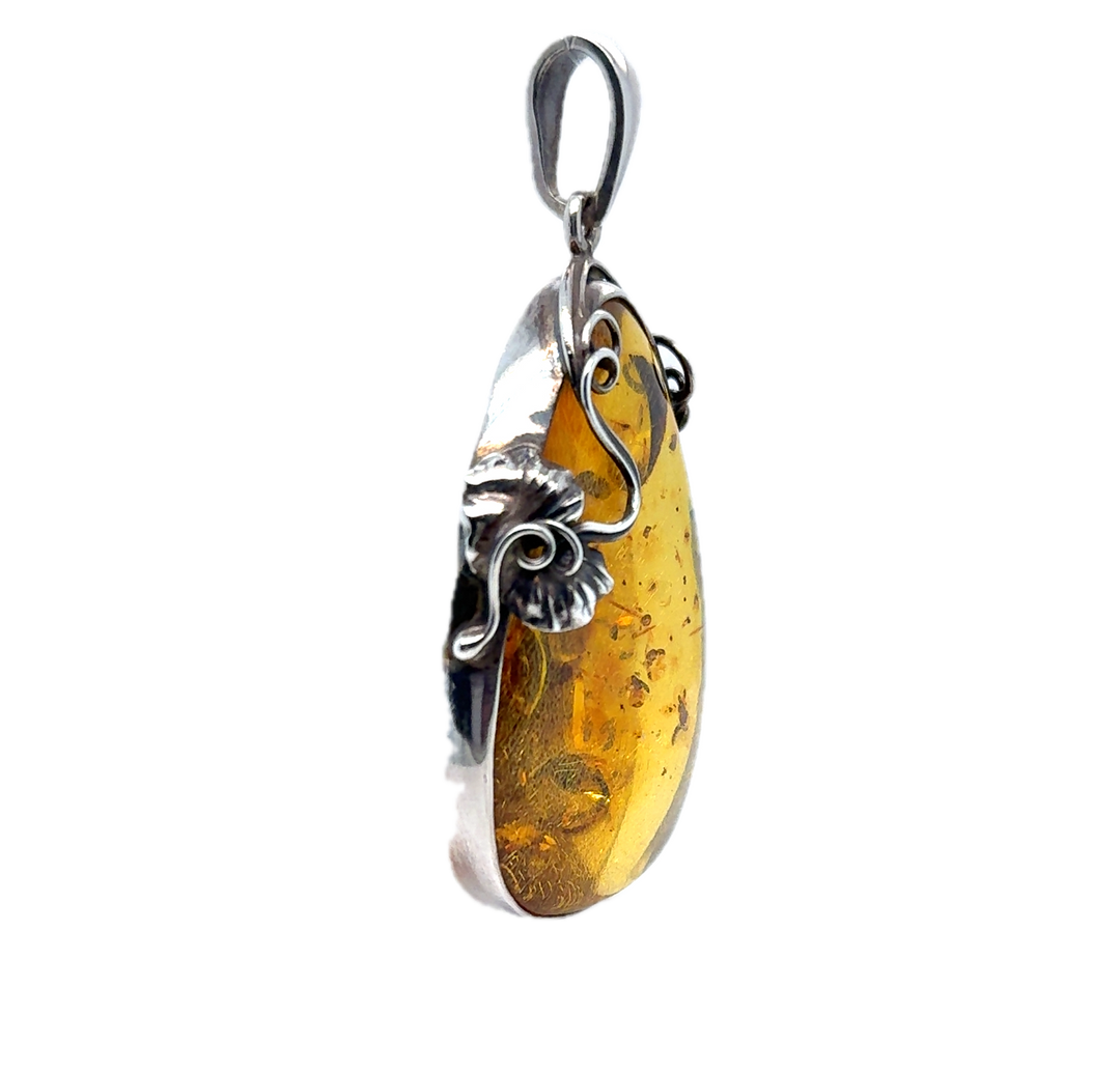 Oxidised Sterling Silver Baltic Amber Large Drop Pendant