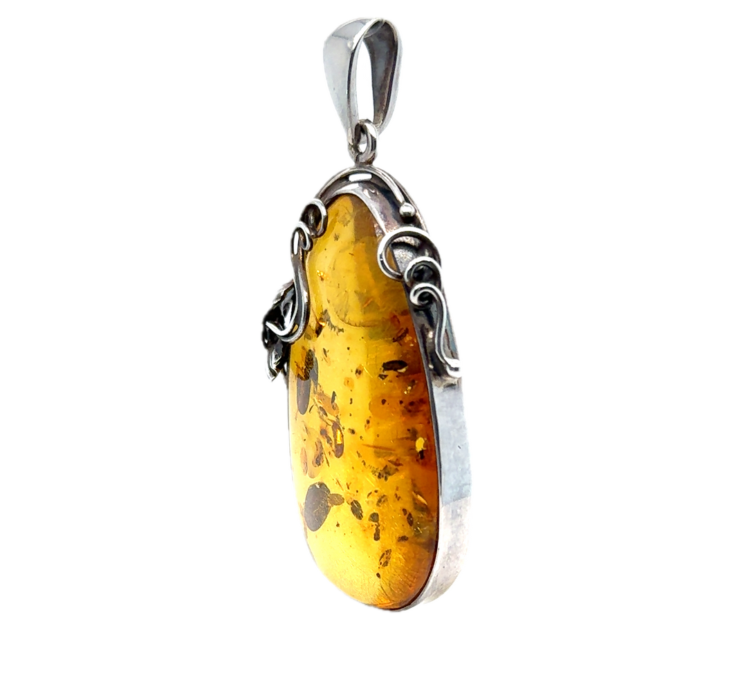 Oxidised Sterling Silver Baltic Amber Large Drop Pendant