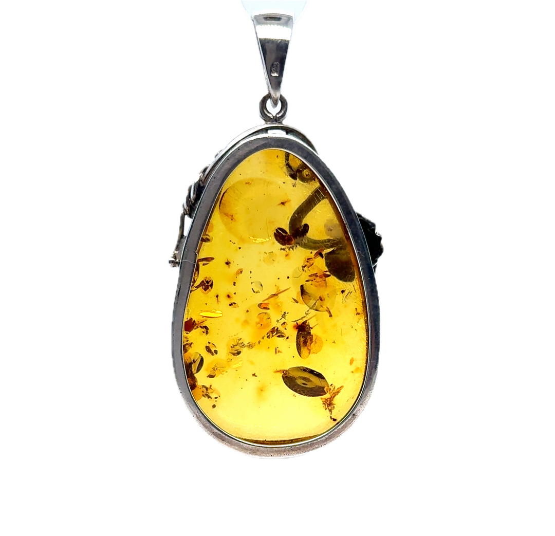 Oxidised Sterling Silver Baltic Amber Large Drop Pendant