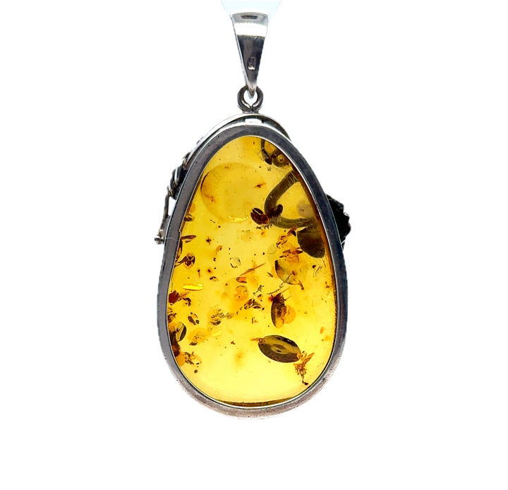 Oxidised Sterling Silver Baltic Amber Large Drop Pendant