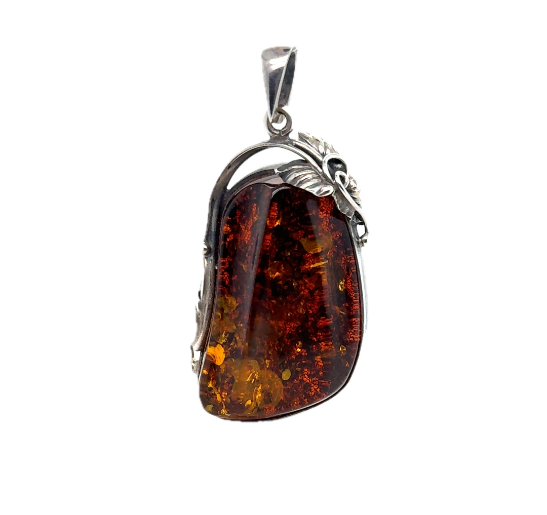 Oxidised Sterling Silver Baltic Amber Large Pendant