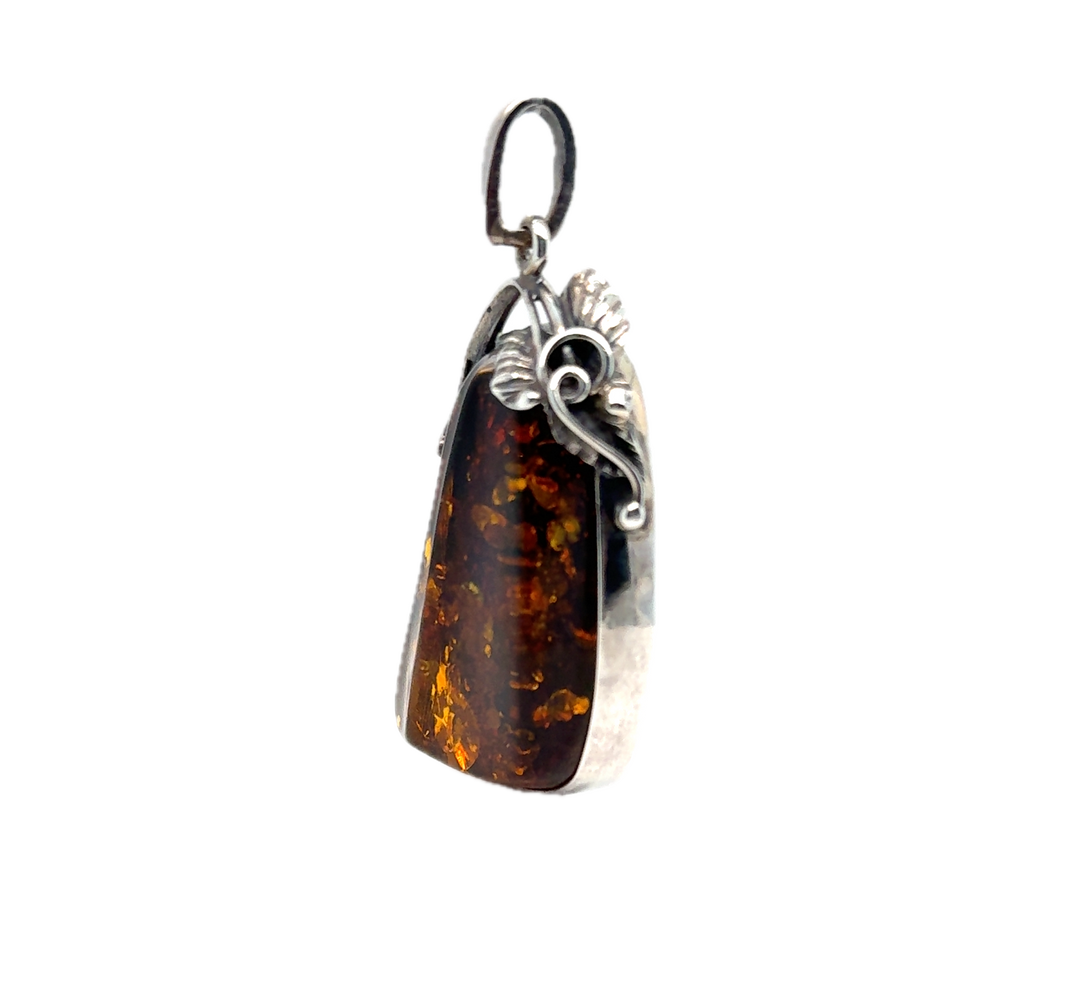 Oxidised Sterling Silver Baltic Amber Large Pendant