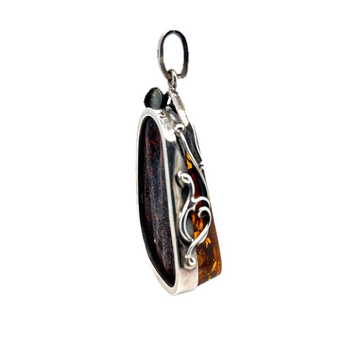 Oxidised Sterling Silver Baltic Amber Large Pendant