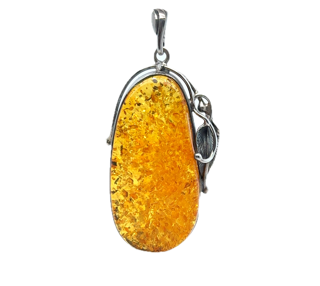 Oxidised Sterling Silver Baltic Amber Large Drop Pendant