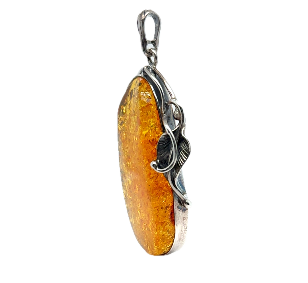 Oxidised Sterling Silver Baltic Amber Large Drop Pendant