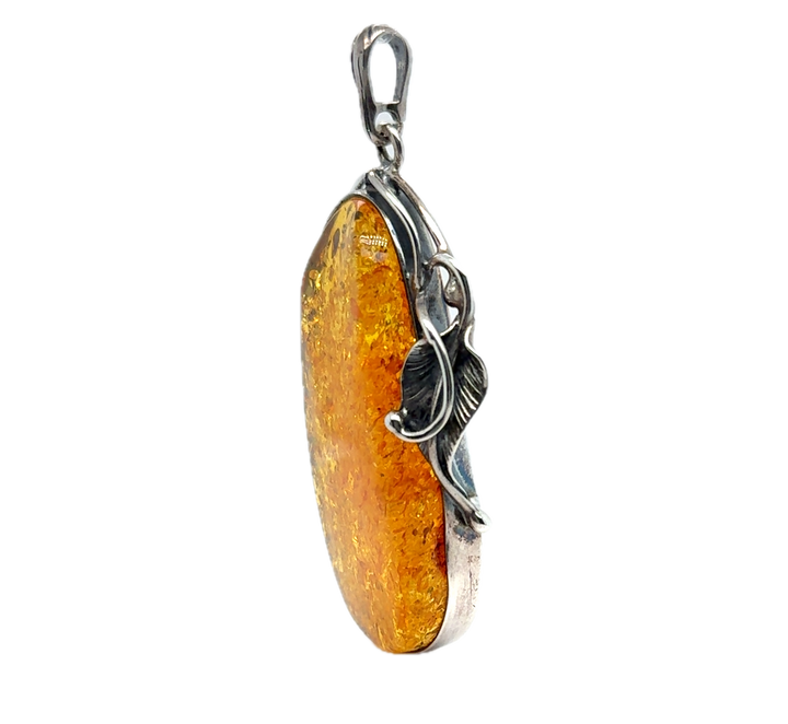 Oxidised Sterling Silver Baltic Amber Large Drop Pendant