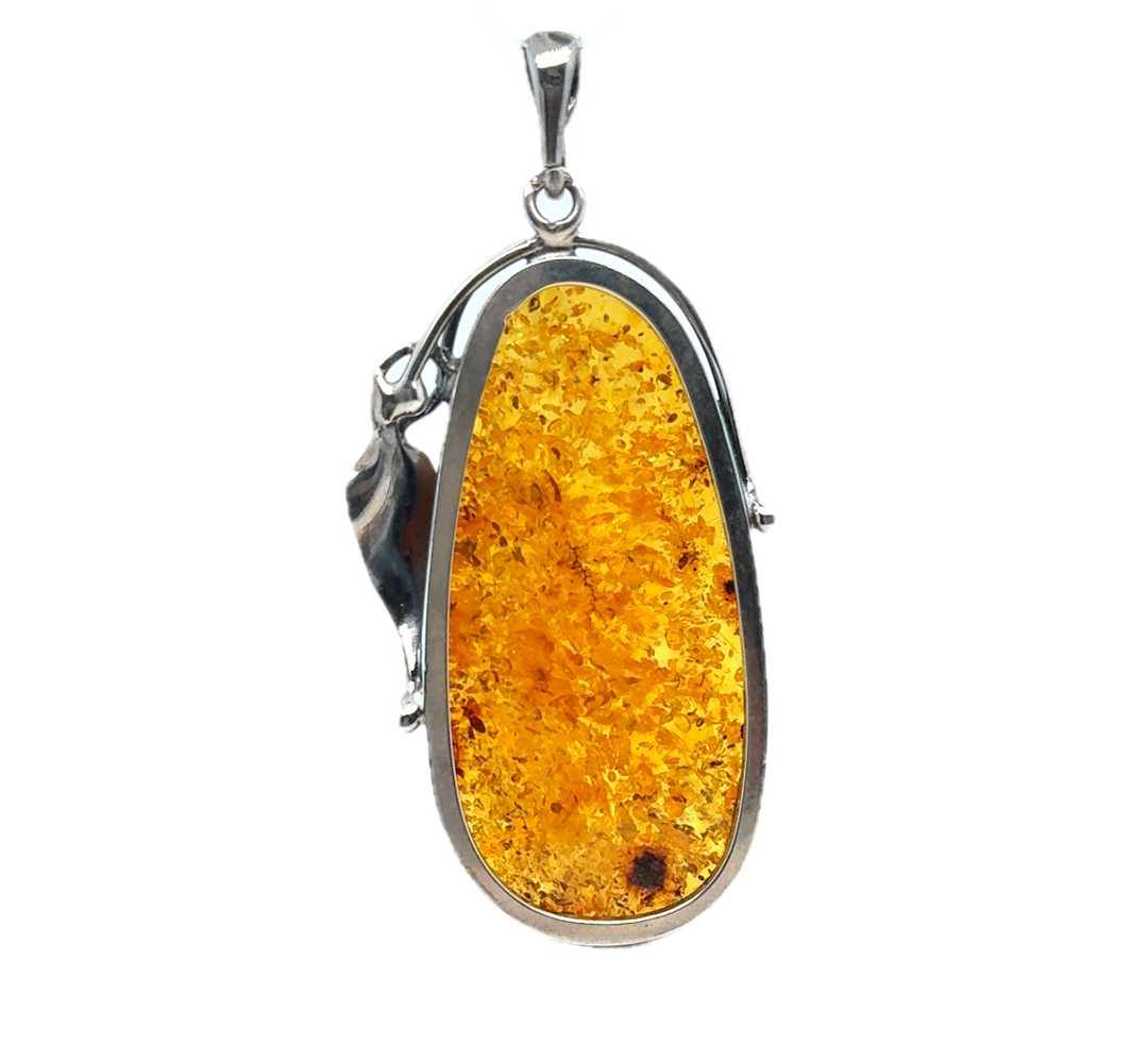 Oxidised Sterling Silver Baltic Amber Large Drop Pendant