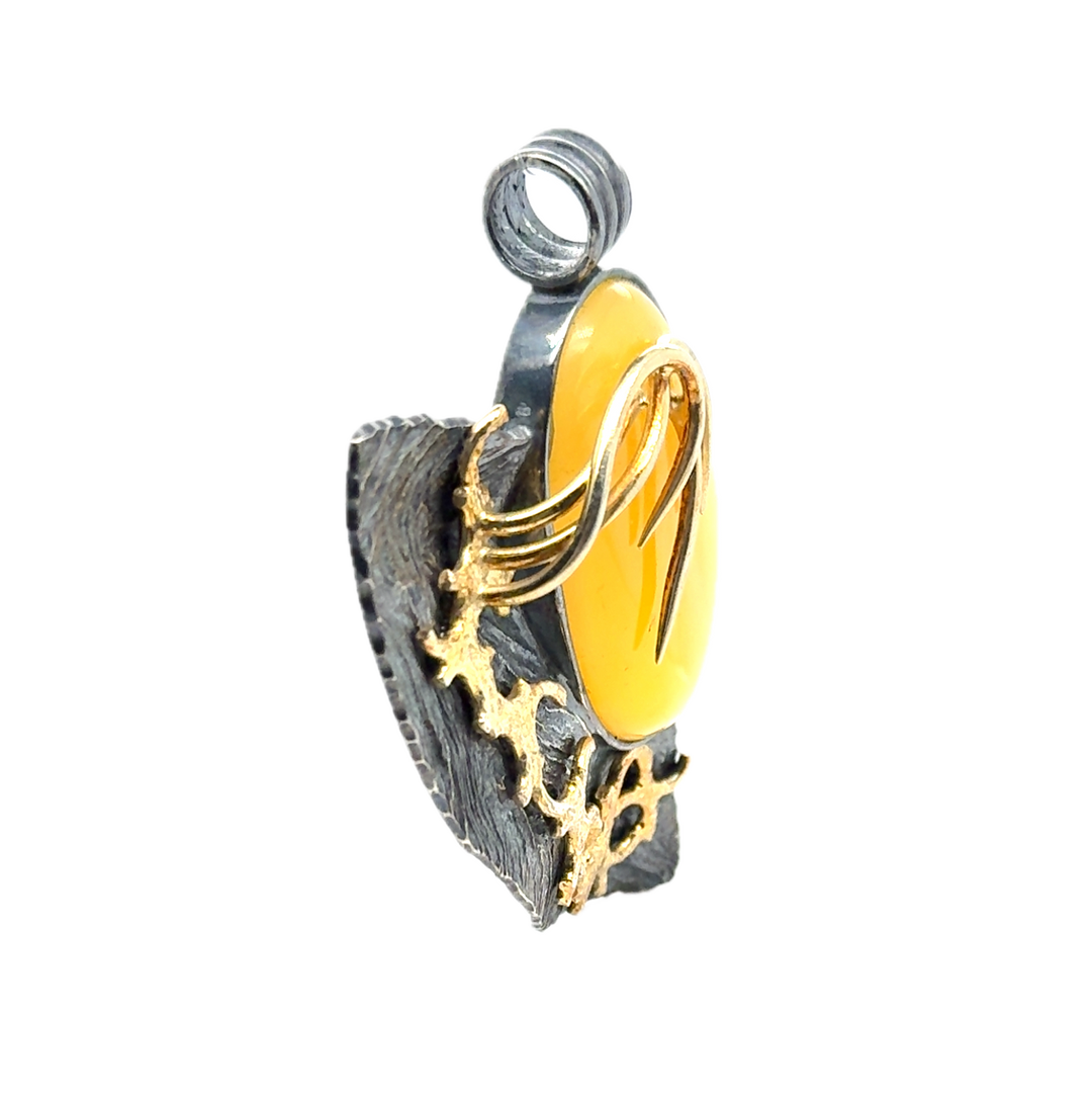 Black Rhodium & Gold Plated Silver Baltic Amber Pendant