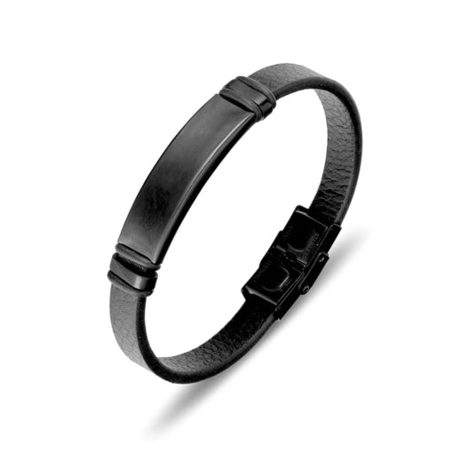 BLAZE Pebbled Leather Stainless Steel Black Bracelet