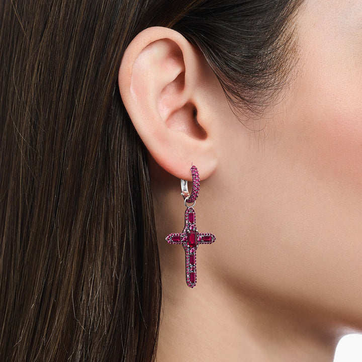 THOMAS SABO Single Cross hoop earring with ruby red stones