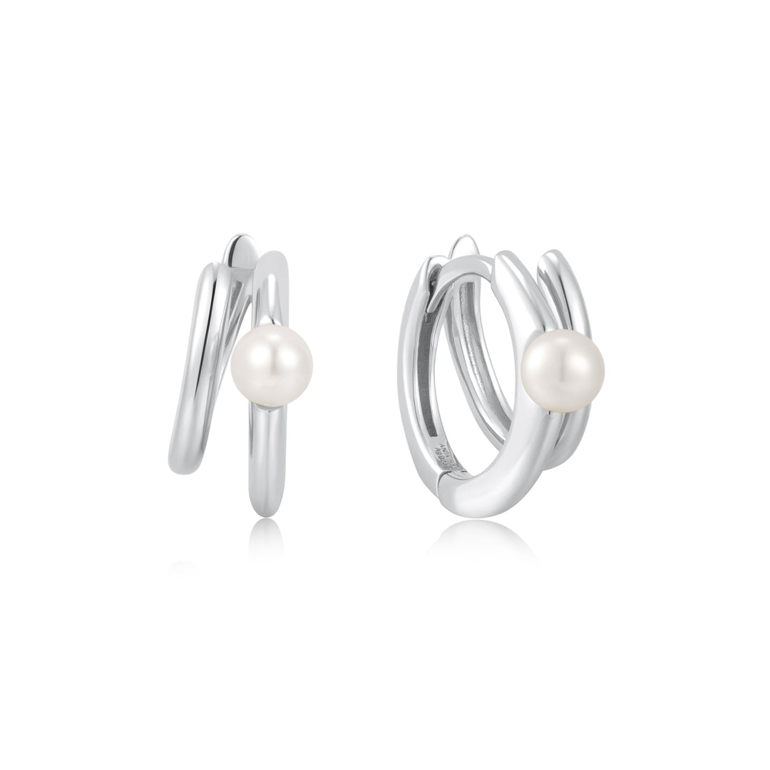 Ania Haie Silver Parallel Duo Freshwater Pearl Huggies