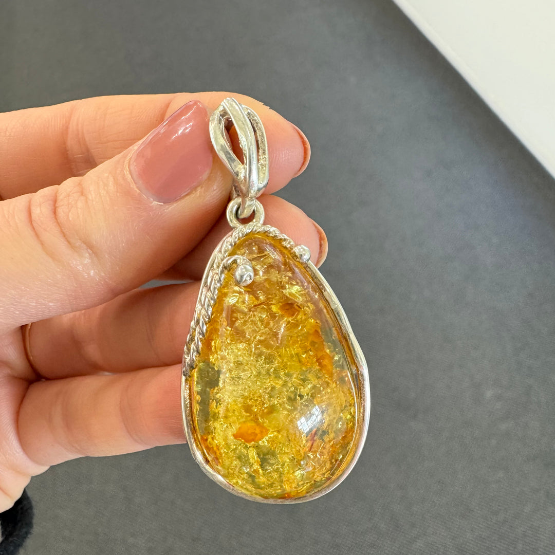 Sterling Silver Baltic Amber Large Drop Pendant