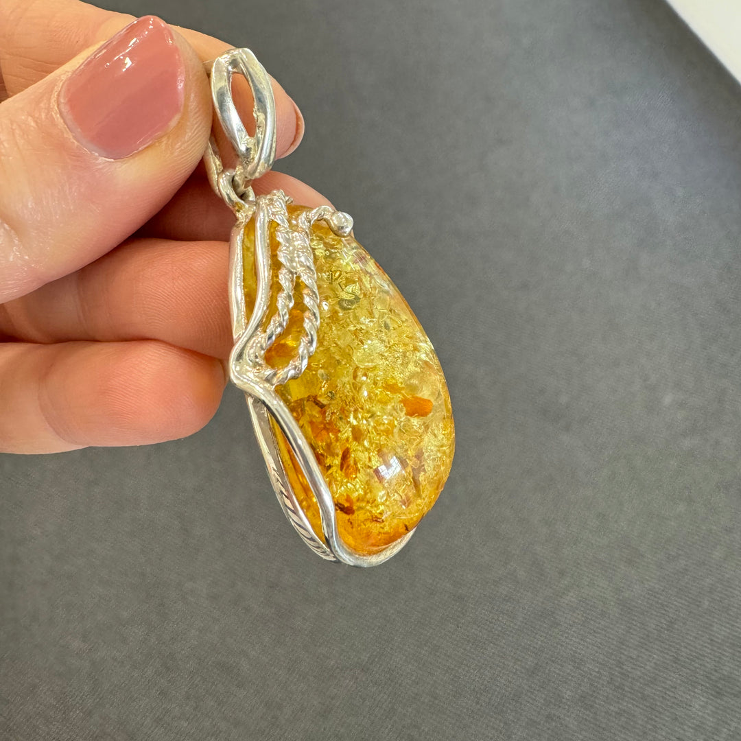 Sterling Silver Baltic Amber Large Drop Pendant