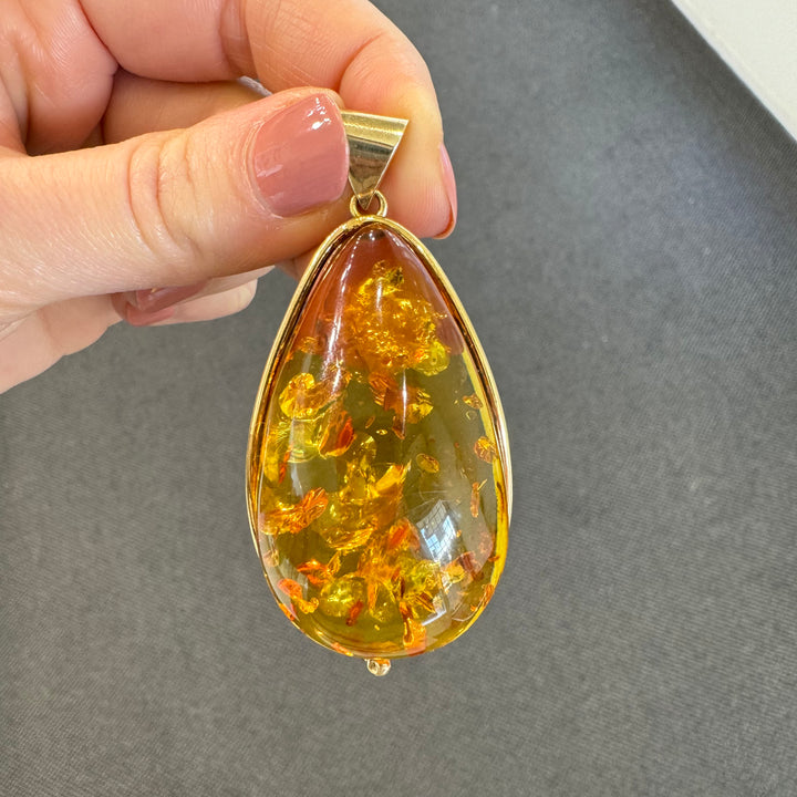 Gold Plated Baltic Amber Large Drop Pendant