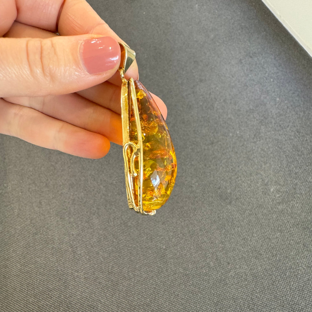 Gold Plated Baltic Amber Large Drop Pendant