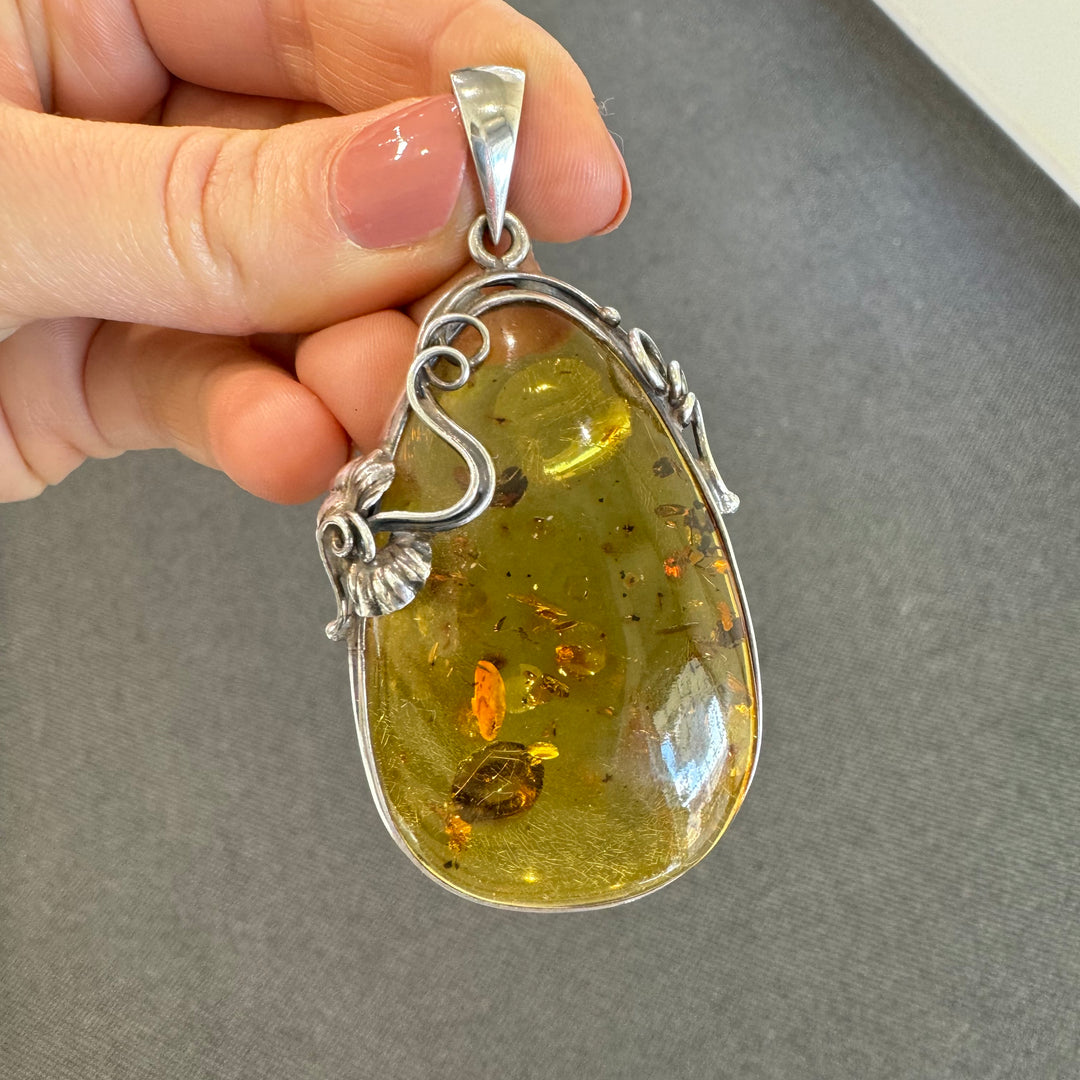 Oxidised Sterling Silver Baltic Amber Large Drop Pendant