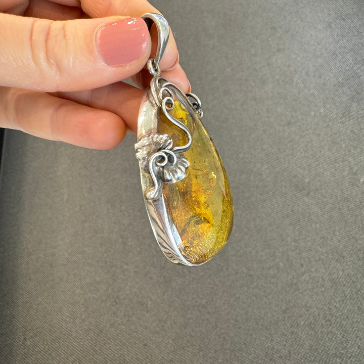 Oxidised Sterling Silver Baltic Amber Large Drop Pendant