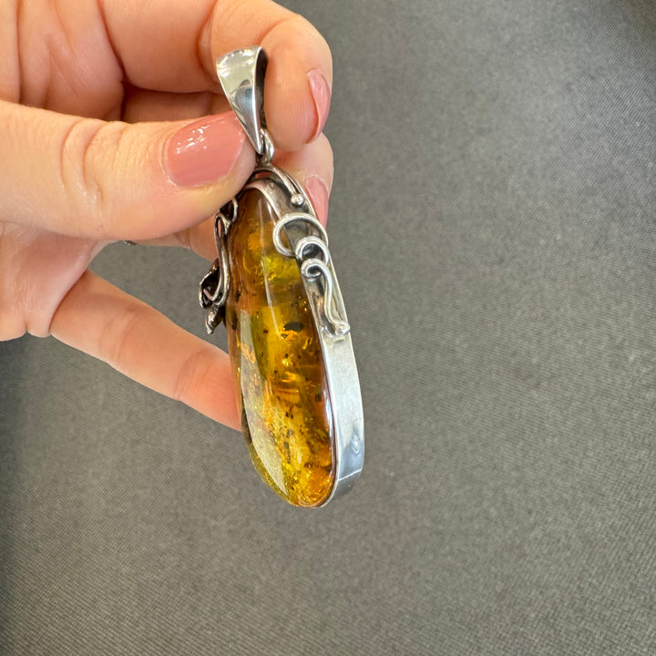 Oxidised Sterling Silver Baltic Amber Large Drop Pendant