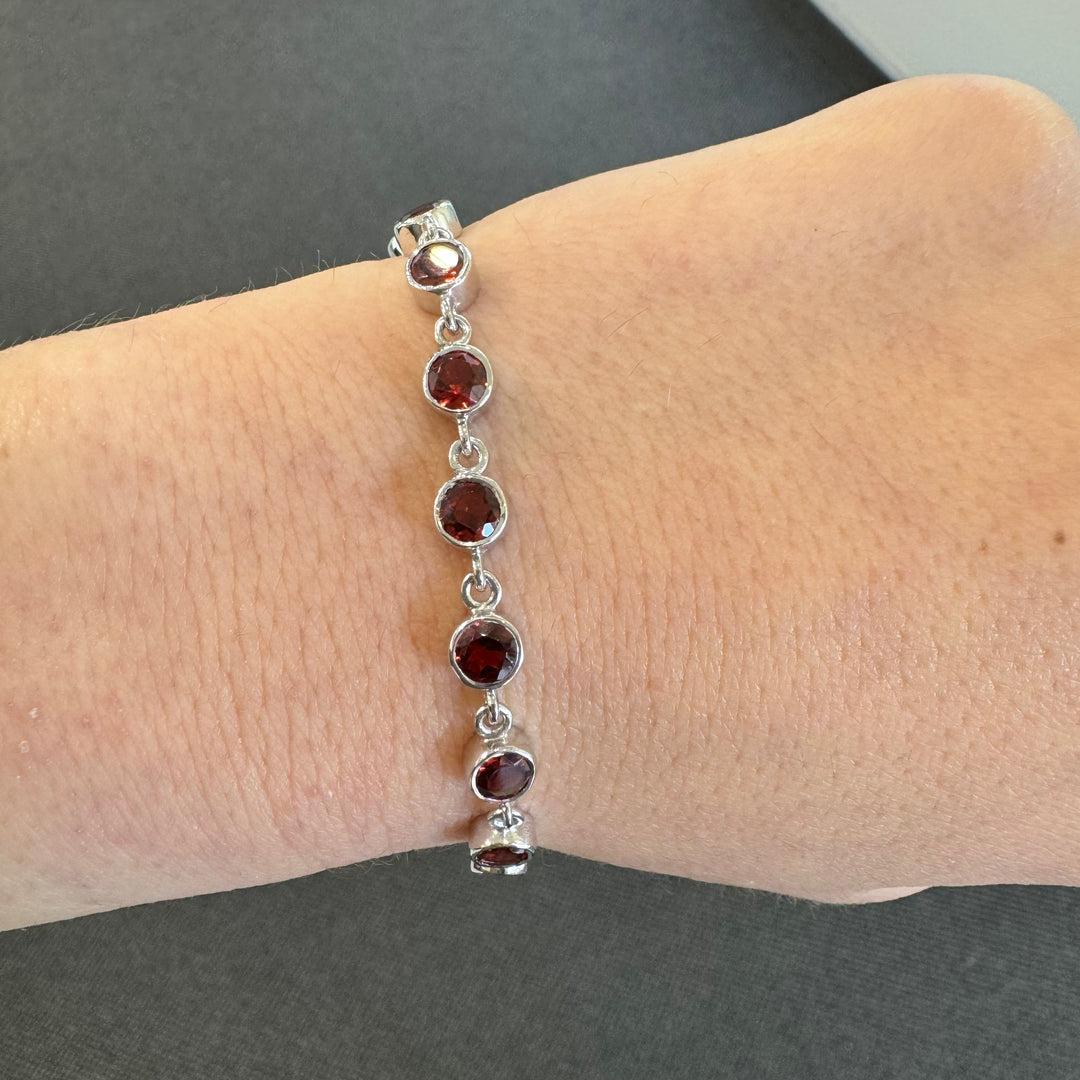 Sterling Silver Bezel Set Garnet Bracelet