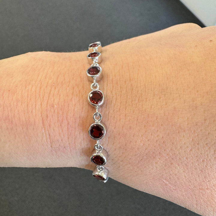 Sterling Silver Bezel Set Garnet Bracelet