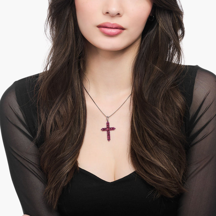 THOMAS SABO Blackened cross pendant with ruby red stones