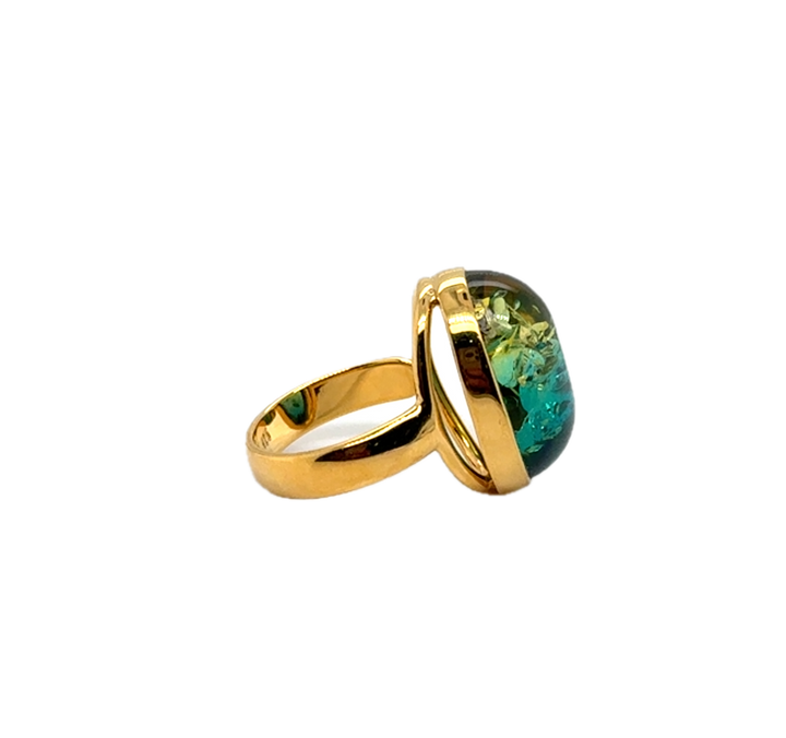 Gold Plated Blue Green Baltic Amber Adjustable Ring