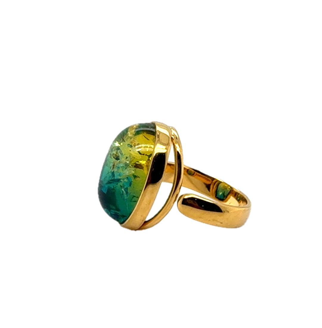 Gold Plated Blue Green Baltic Amber Adjustable Ring