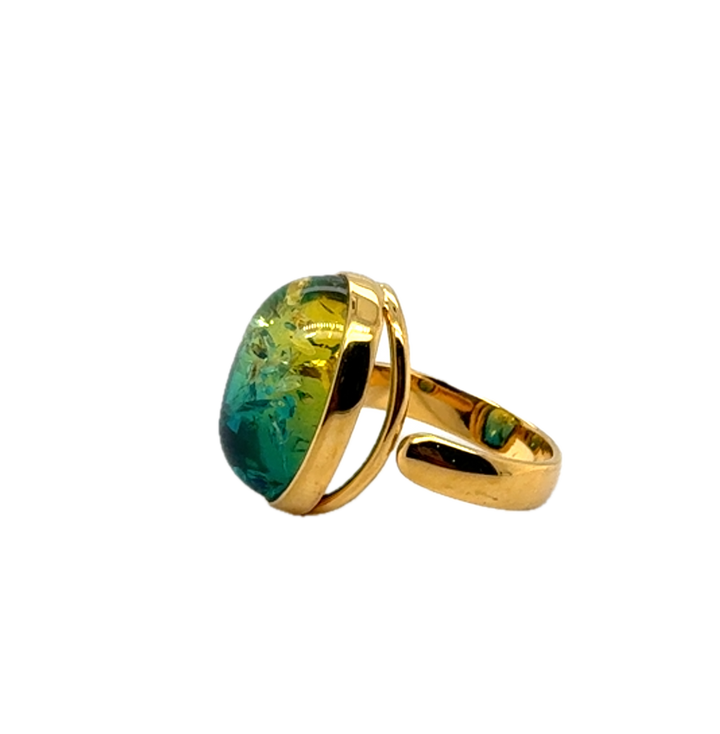 Gold Plated Blue Green Baltic Amber Adjustable Ring