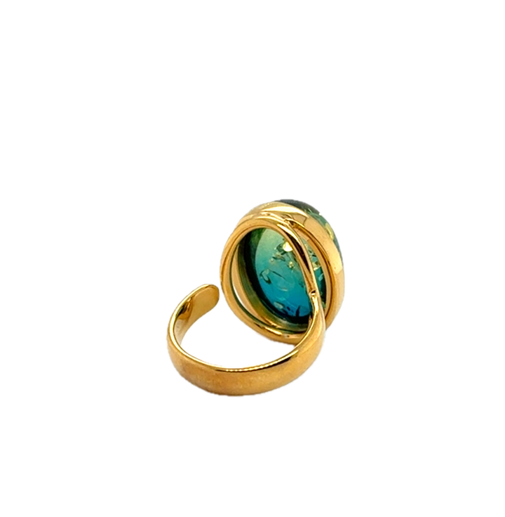 Gold Plated Blue Green Baltic Amber Adjustable Ring