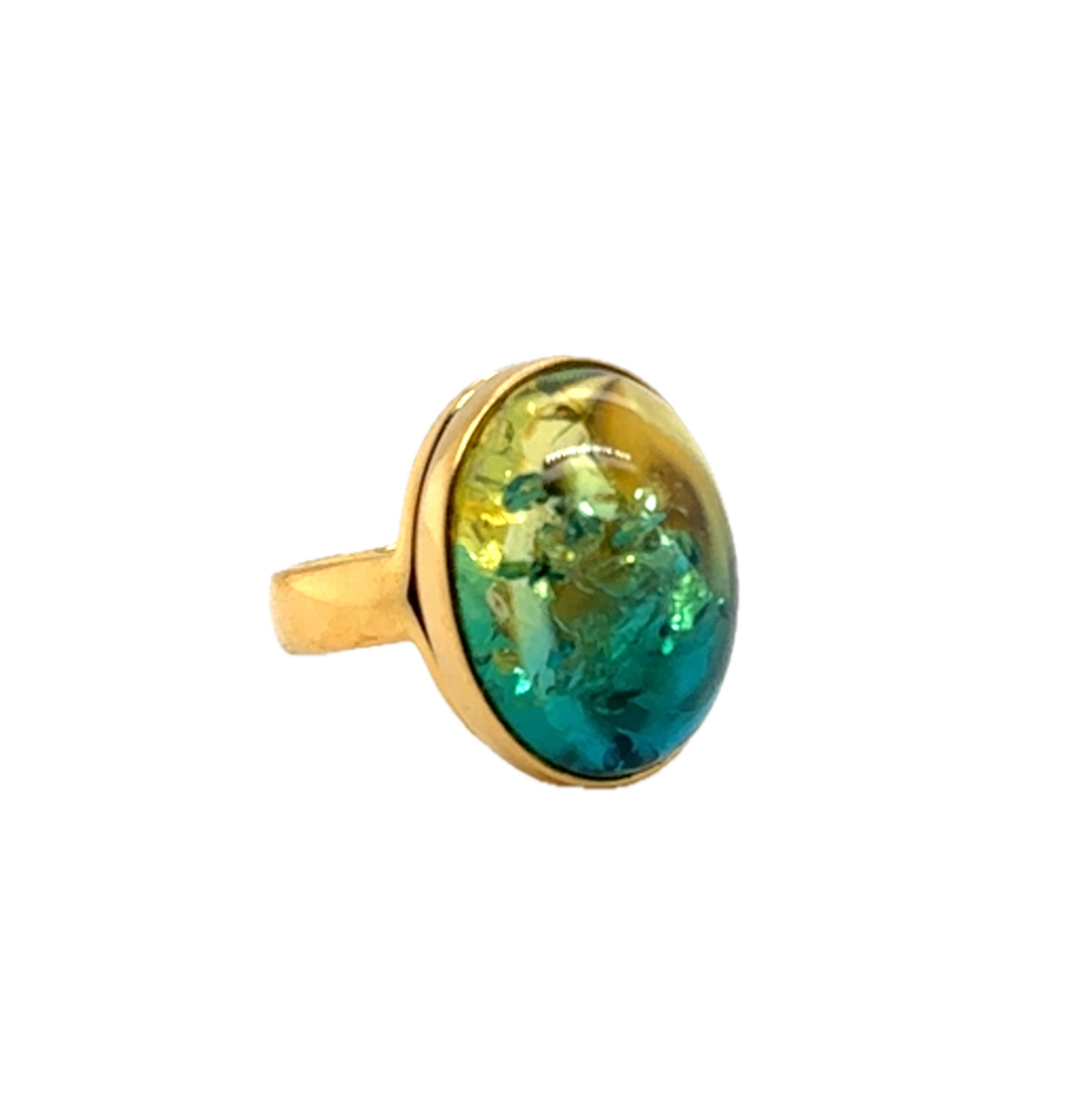 Gold Plated Blue Green Baltic Amber Adjustable Ring