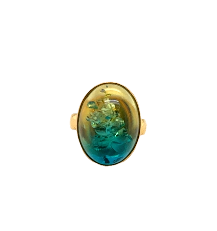 Gold Plated Blue Green Baltic Amber Adjustable Ring