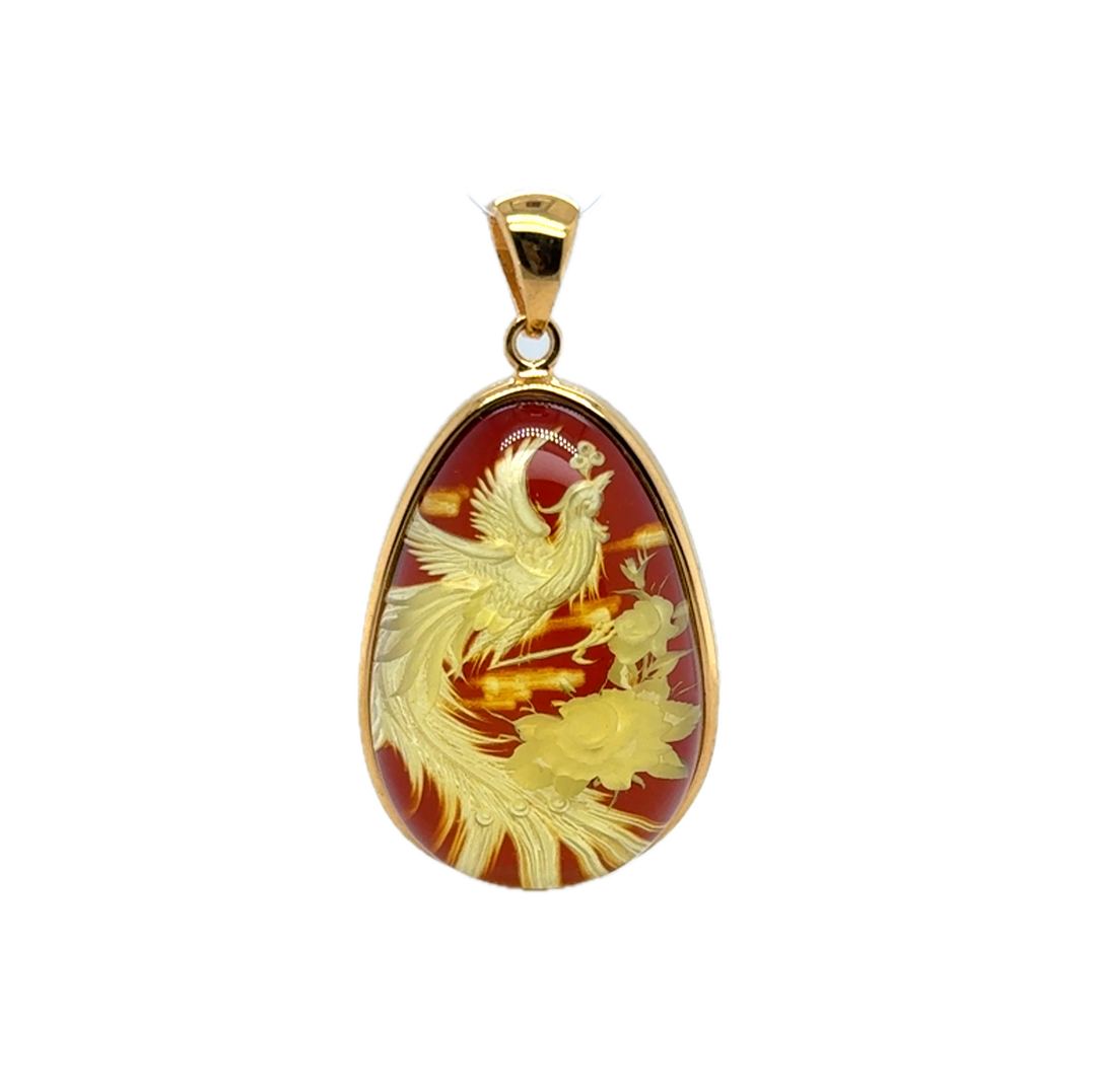 Gold Plated Baltic Amber With Hand Carved Bird & Rose Pendant