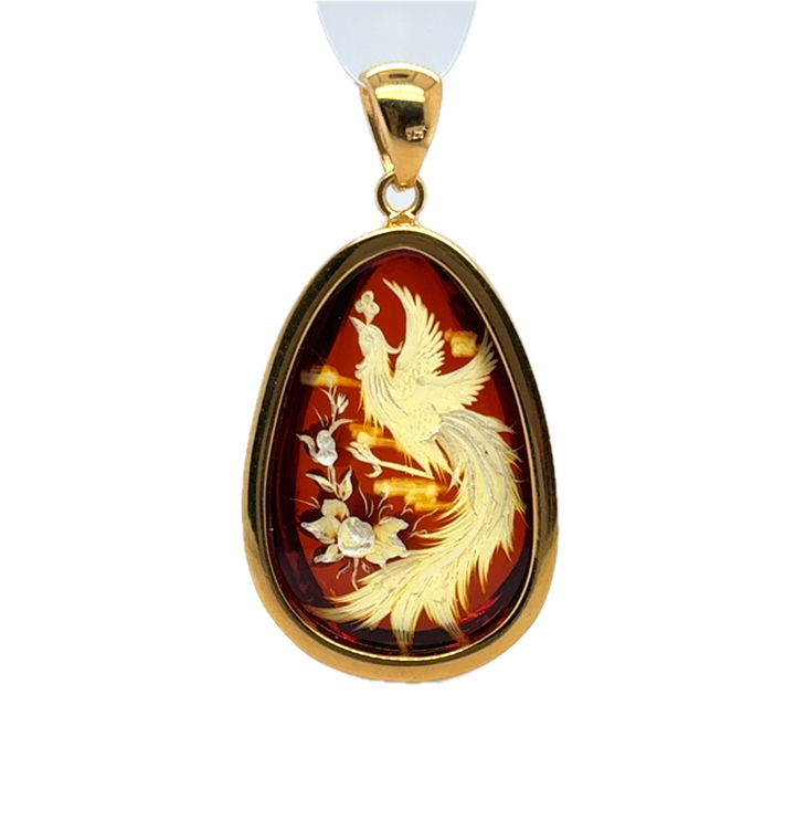 Gold Plated Baltic Amber With Hand Carved Bird & Rose Pendant