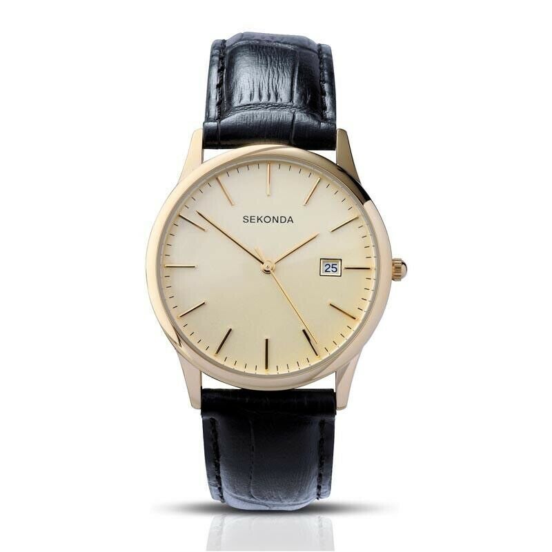 Sekonda Unisex Gold Plated Black Leather Watch SK3697 - Lyncris Jewellers