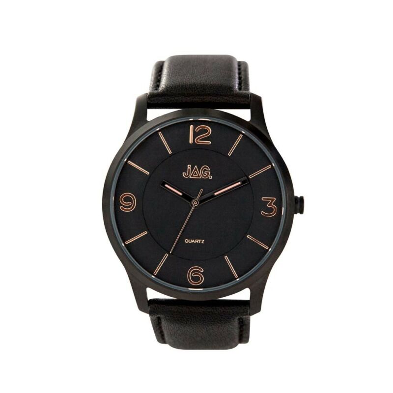 JAG Menâ€™s Charlie Watch Black Rose Gold Dial Black Leather Strap J2048 - Lyncris Jewellers