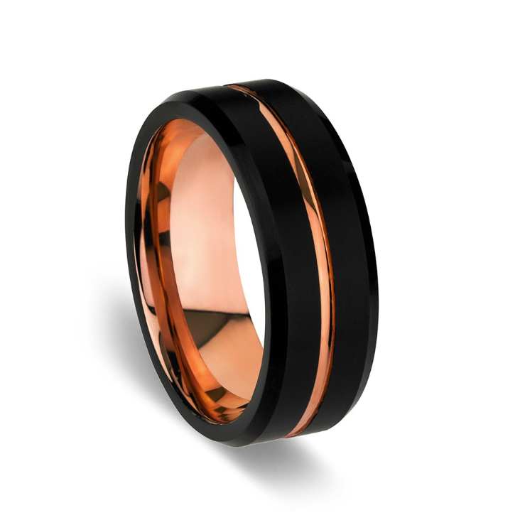 BLAZE Men's Black Tungsten & Rose Gold Ring - Lyncris Jewellers