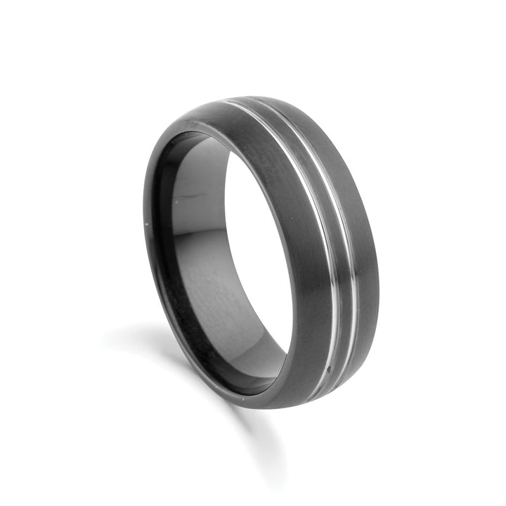 BLAZE Men's Black Tungsten Ring With Silver Lines - Lyncris Jewellers